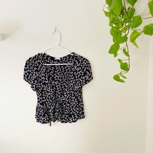 Floral Tie Front Navy Crop Blouse